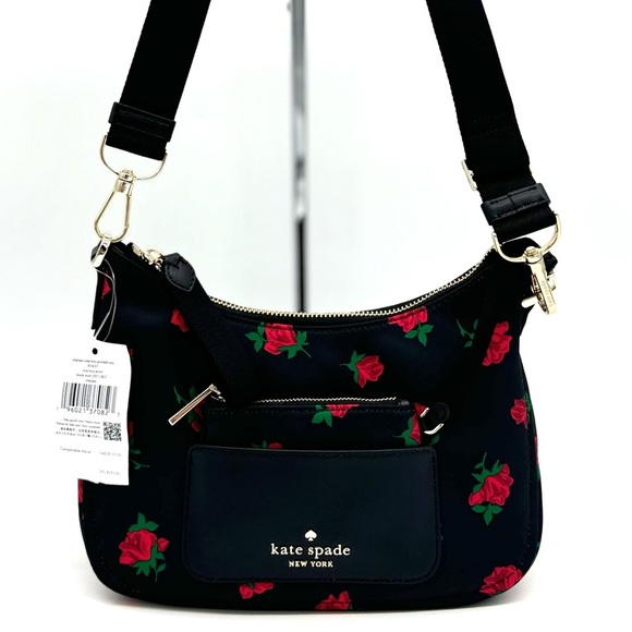 Kate Spade Chelsea Rose Toss Crossbody Bag & Coin Purse Black Multi Rose - Picture 2 of 12